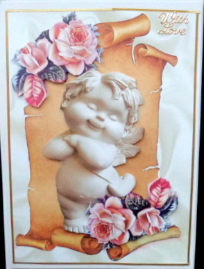 Cute Cuddly Cherub with Peach Roses on a Scroll by Mary Murphy