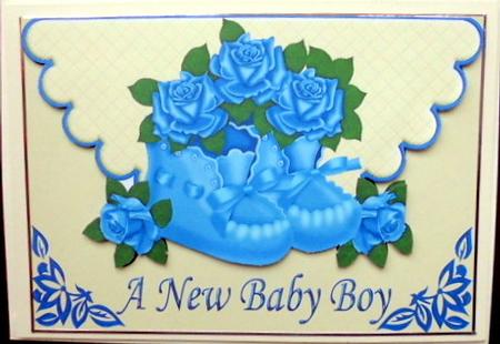 Baby Boy Bootees and Roses on Scalloped Envelope by Mary Murphy