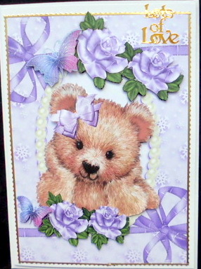 Fuzzy Bear with Pearls, Lilac Roses & Butterflies by Mary Murphy