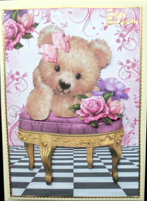 Fuzzy Bear with Pink & Lilac Roses by Mary Murphy