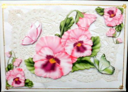 Pink Pansies on Vintage Lace with Butterflies by Mary Murphy