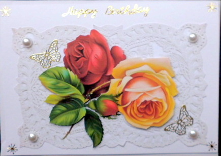 Roses with Butterflies on Vintage Lace by Mary Murphy