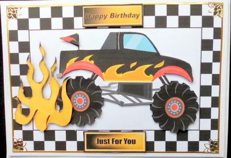 Black Monster Jeep with Flames in Check Frame by Mary Murphy