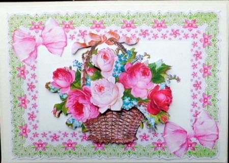 Basket of Roses with Bows in Lace Frame by Mary Murphy