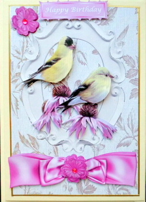 Yellow Birds with Pink Flowers and Bow by Mary Murphy