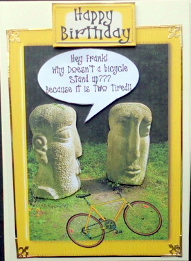 Hey Frank Bicycle Joke Birthday Card Topper by Mary Murphy