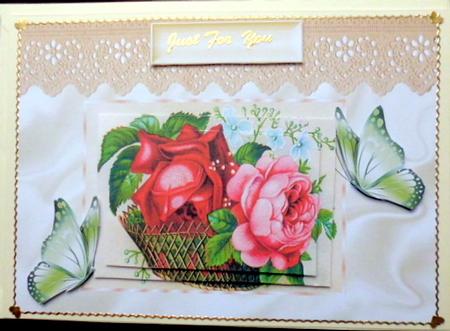 Pretty Vintage Roses in a Basket with Ecru Lace by Mary Murphy