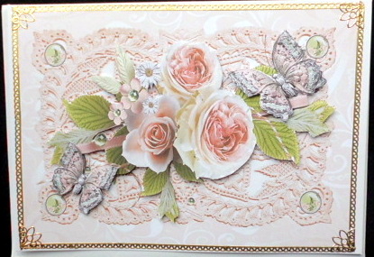 Pretty Peach Rose and Butterflies on Vintage Lace by Mary Murphy