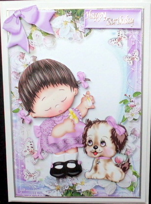 Little Girl with Her Puppy in Lilac Flower Frame by Mary Murphy
