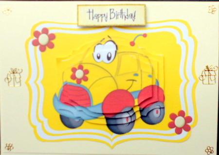 Yellow Toony Car with Flowers Bracket Pyramids by Mary Murphy