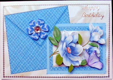 Blue Magnolia on Card & Envelope with Butterfly by Mary Murphy