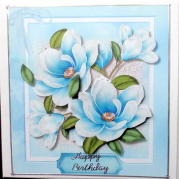 Beautiful Blue Magnolias and Butterfly by Mary Murphy