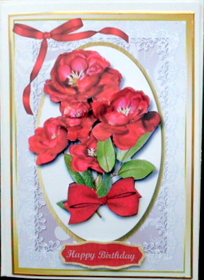 Beautiful Red Roses on Lace and Gold  by Mary Murphy