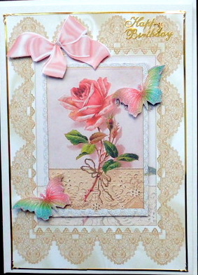 Pink Rose Topper with Crochet Lace & Butterflies by Mary Murphy