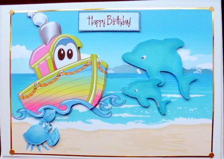 Little Toony Tugboat on the Beach with Dolphins by Mary Murphy