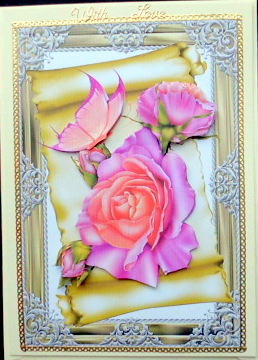 Peach/pink Roses on a Scroll with Butterflies by Mary Murphy
