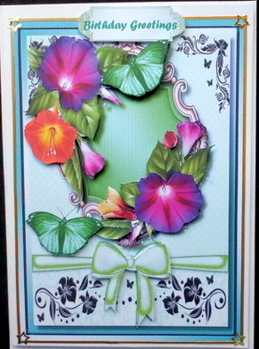 Lovely Morning Glory in a Gold Frame with Butterflys  by Mary Murphy