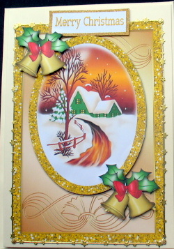 Pretty Cottage in the Snow with Bells Card & Topper by Mary Murphy