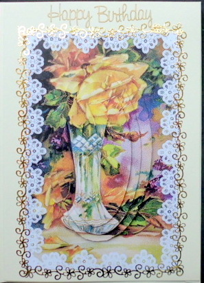 Pretty Yellow Rose in Vase with Lace, Oval Pyramids by Mary Murphy