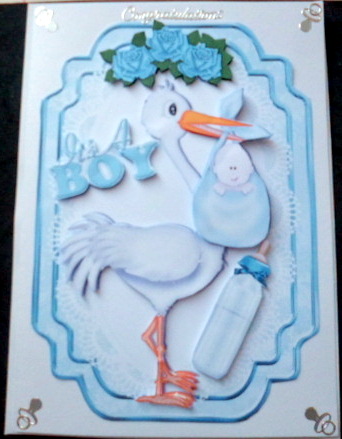 Stork with Baby Boy and Roses! on Lace with Roses by Mary Murphy