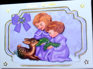 Vintage Children with Fawn & Purple Bow by Mary Murphy