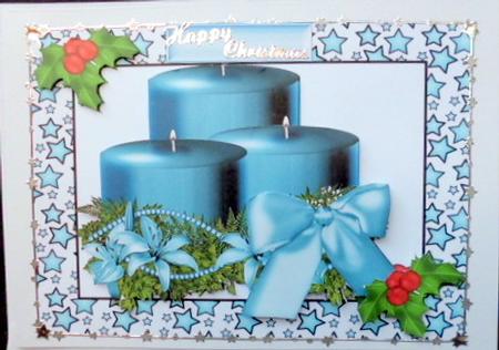 Blue Christmas Candles with Holly & Bow by Mary Murphy