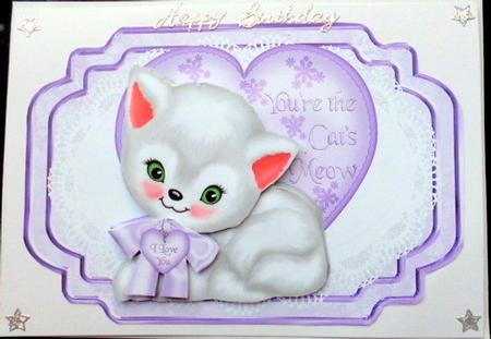 You're the Cats Meow! Love U Kitten in Lilac on Lace by Mary Murphy