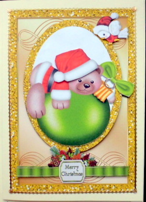 Teddy on a Bauble with Little Robin Card & Topper by Mary Murphy