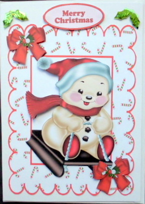 Snowman on a Sledge in Candy Cane Frame by Mary Murphy