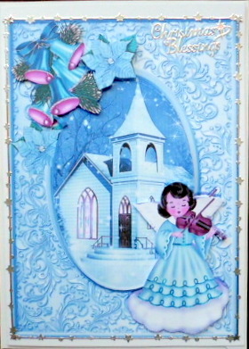 Christmas Scene with Angel, Bells and Pretty Church by Mary Murphy