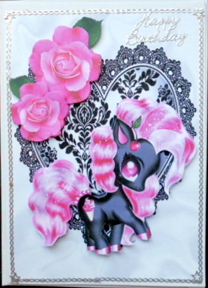 Pink Bird of Paradise on Black Lace Heart by Mary Murphy