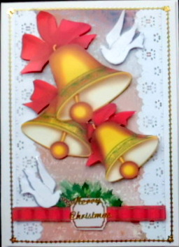Gold Bells with White Lace, Red Bows, and Pretty Doves by Mary Murphy