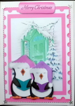 Carol Singing Penguins in Santa Hats in the Snow by Mary Murphy