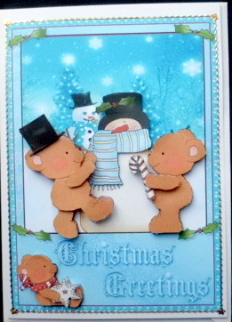 Christmas Bears Building a Snowman Card Front & Decoupage by Mary Murphy
