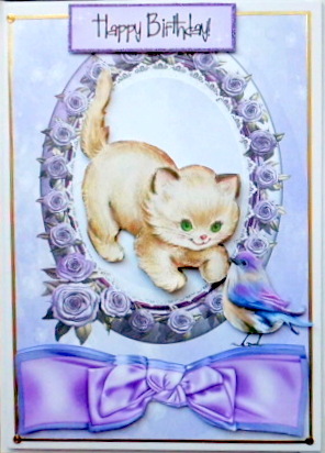 Little Vintage Kitten Playing & Little Bird in Rose Frame by Mary Murphy