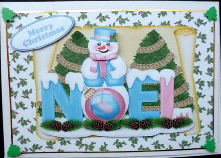Lovely Noel Snowman in Blue, on a Scroll with Holly by Mary Murphy