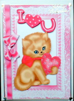 Cute I Love U Kitty with Heart, Pearls and Bow by Mary Murphy
