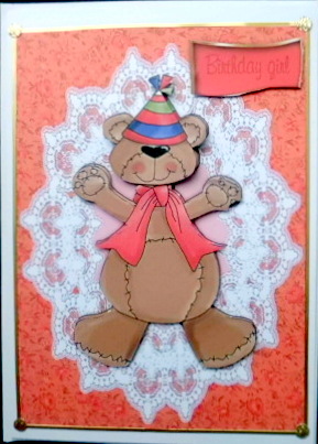 Birthday Girl ,bear on Lace by Mary Murphy