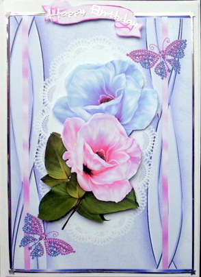 Pretty Pink/lilac Flowers with Jewelled Butterflies & Bow by Mary Murphy