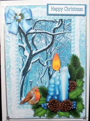 Pretty Snow Scene with Blue Candle and Robin by Mary Murphy