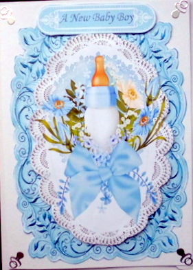 New Baby Boy, Bottle and Bows on Card, Lace & Topper by Mary Murphy