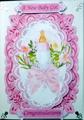 New Baby Girl, Bottle and Bows on Card, Lace & Topper by Mary Murphy