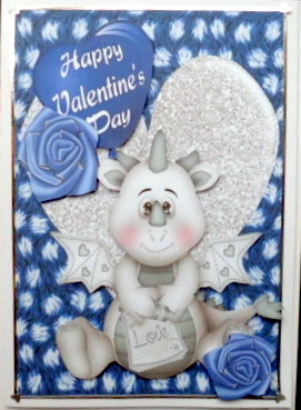 Little Silver Dragon on Blue Fur with Heart and Roses by Mary Murphy
