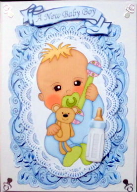 Baby Boy with His Bottle on Card, Lace & Topper by Mary Murphy