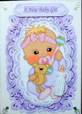 Baby Girl with Her Bottle on Card, Lace & Topper by Mary Murphy
