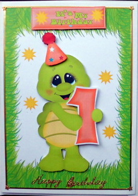 First Birthday, Little Green Turtle in Party Hat by Mary Murphy