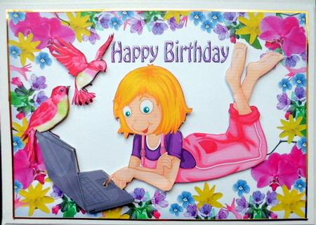 Girl in a Garden of Flowers on Her Laptop with Birds by Mary Murphy