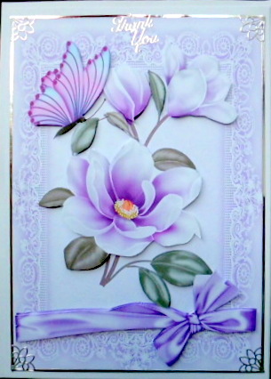 Pretty Lilac Magnolias, in Lace Frame with Butterfly by Mary Murphy