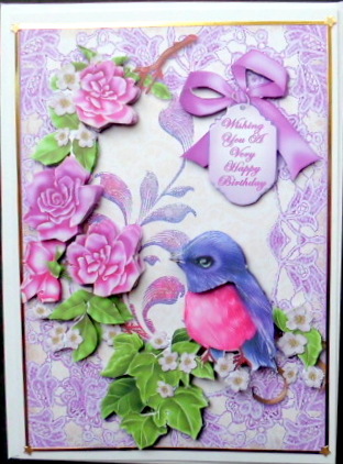 Lilac Bird with Roses Card Front by Mary Murphy