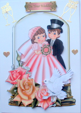 Bride and Groom in Glass Dome with Pink/peach Roses by Mary Murphy